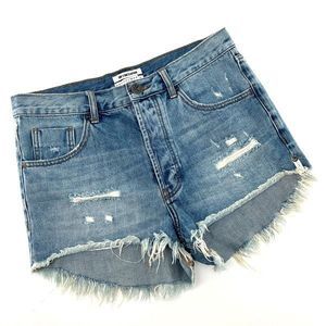 One X Oneteaspoon Women's Blue Raw Hem Distressed Ripped Jean Shorts Size 28